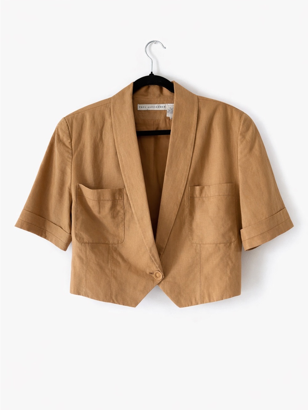 Vintage Paul Alexander 100% Linen Camel Cropped Short-Sleeve Blazer Jacket
